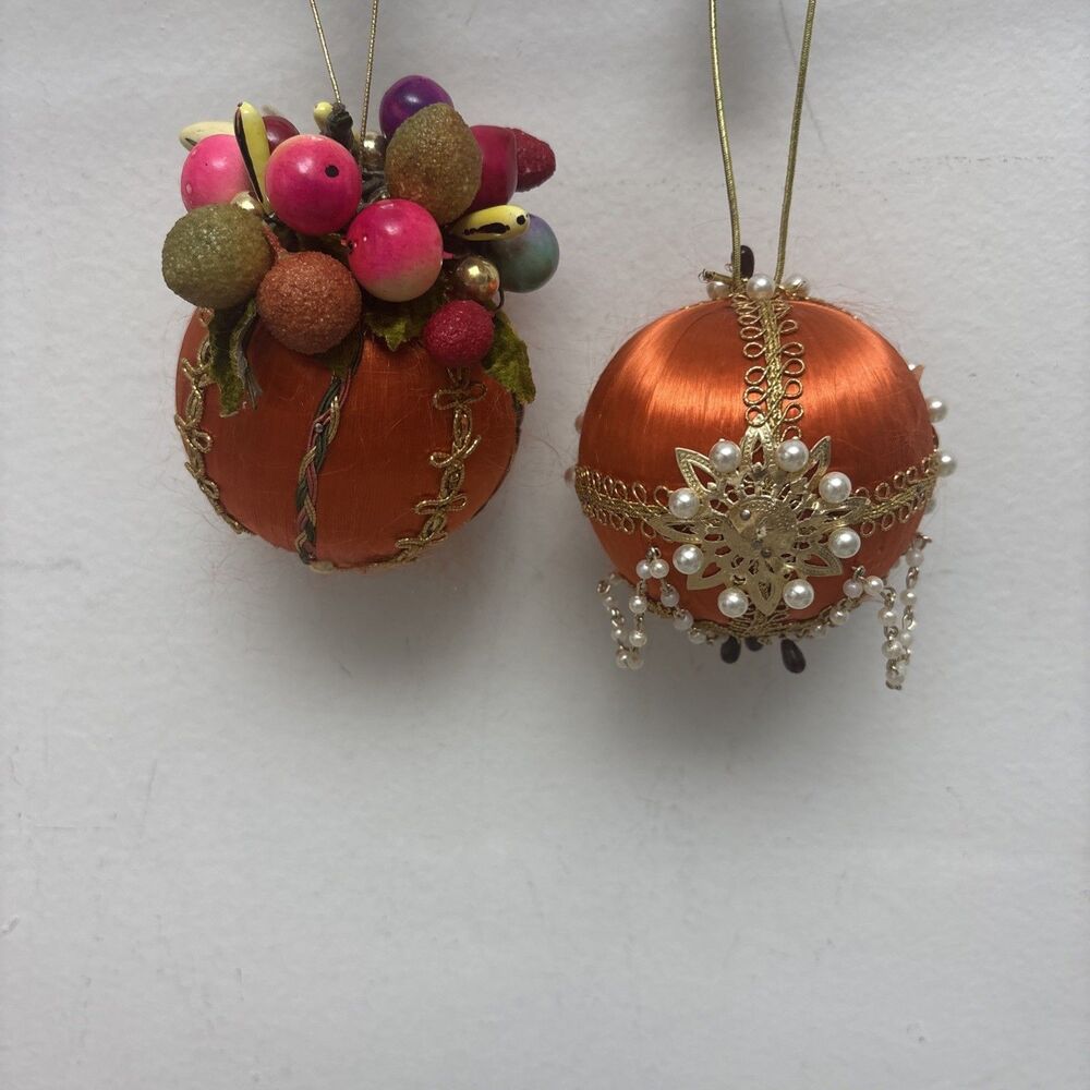 Vintage Orange Satin Push Pin Christmas Ornaments, Pearl Beads, Gold Trim, Fruit